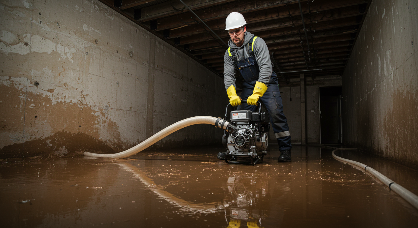 A contractor using a high-powered water pump to extract water from a flooded basement. The background shows water pooling on the floor, with the contractor wearing safety gear and working diligently.