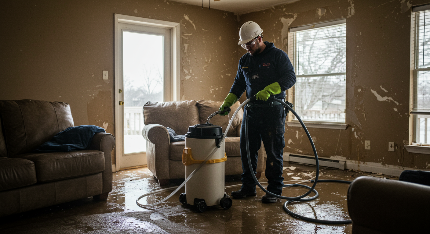 A professional contractor in Tulsa, OK, wearing safety gear, actively using water extraction equipment in a flooded living room. The room shows visible water damage with soaked carpets and furniture. The contractor is focused and working efficiently.