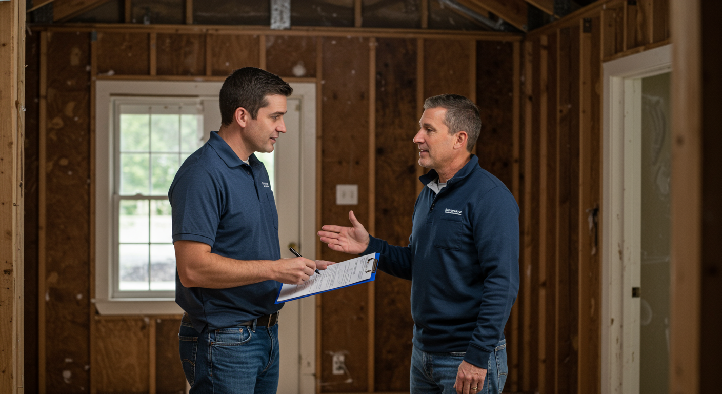 A professional explaining the flood restoration process to a homeowner inside a partially restored home. The homeowner looks reassured, holding a clipboard with insurance documents.