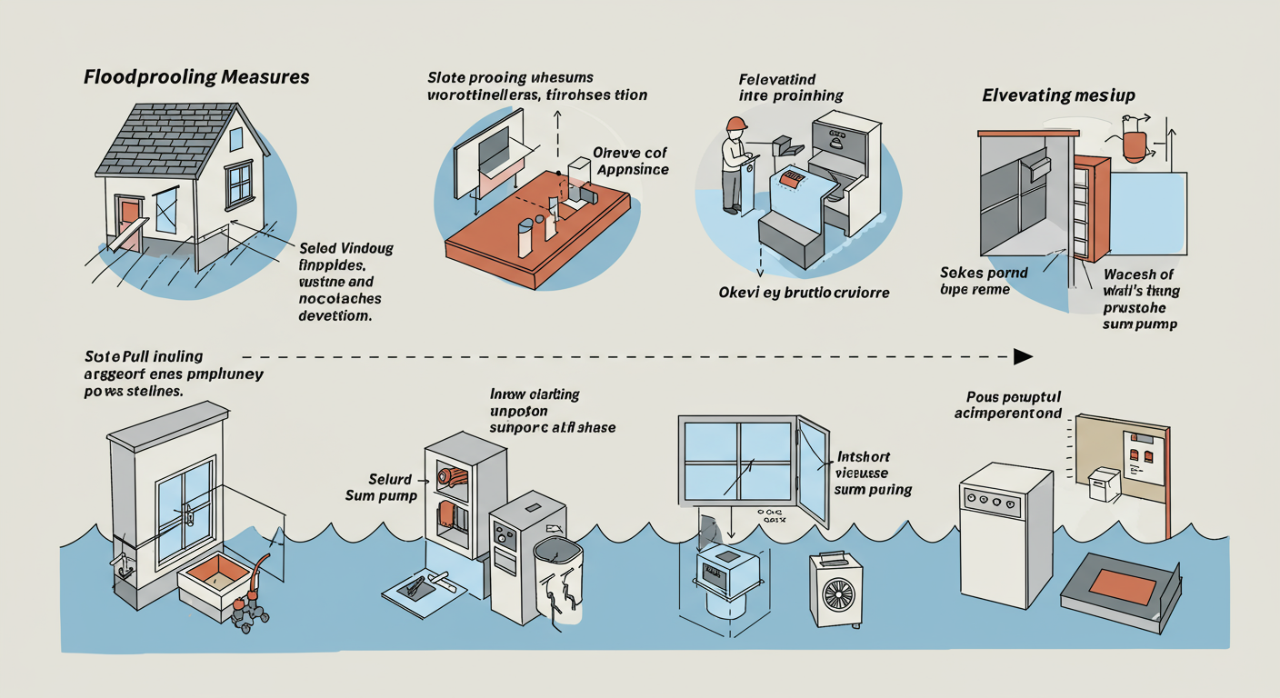 A visually engaging infographic-style image with illustrations of floodproofing measures like sealing windows, elevating appliances, and installing sump pumps.