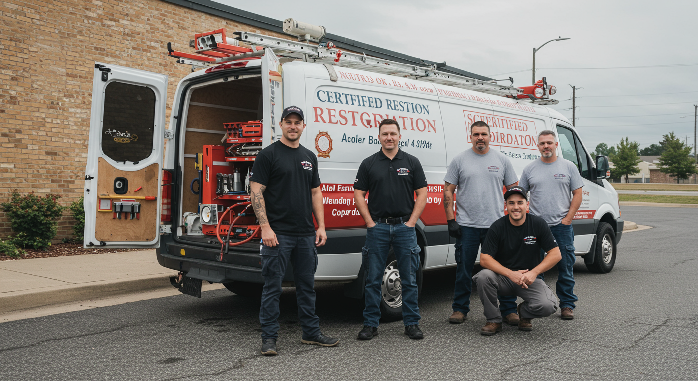 A group of certified restoration experts posing in front of their branded van with tools and equipment, emphasizing their professionalism and local presence in Tulsa, OK.