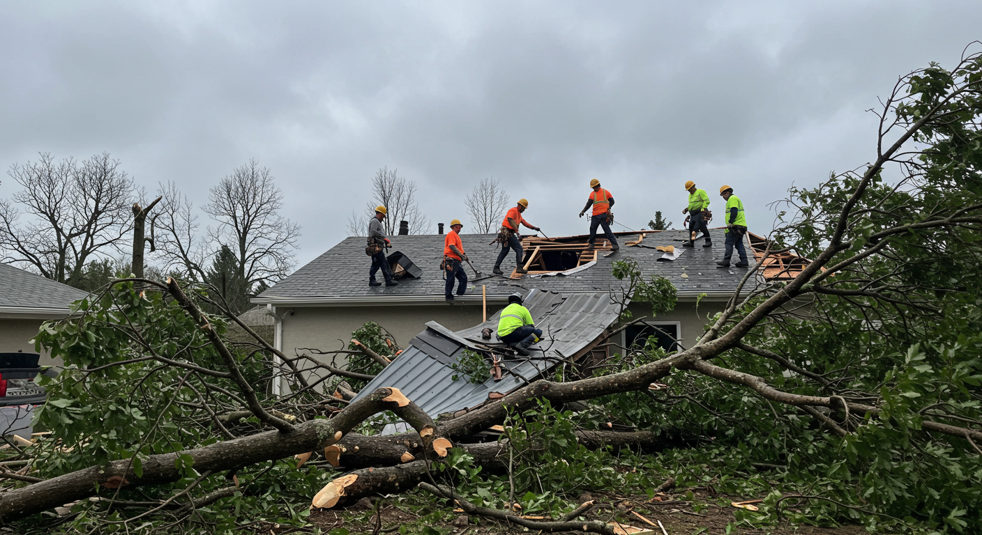 A team of workers repairing a roof damaged by a storm, with fallen tree branches and debris scattered around the yard. The sky is overcast, emphasizing the aftermath of the storm.