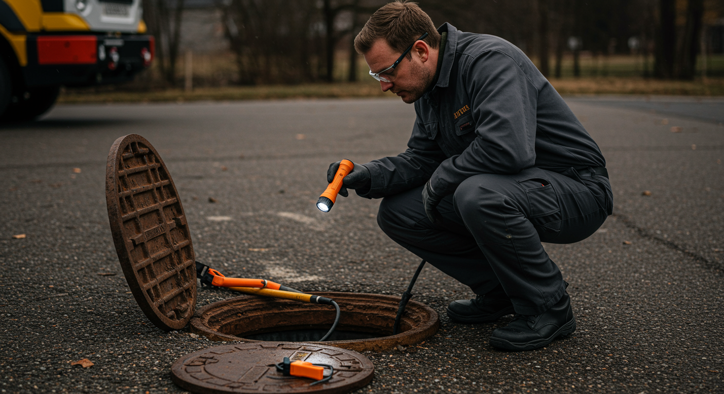 A skilled technician in a uniform examining a sewer line with a flashlight, crouched down near an open manhole. The scene captures the technician's focused expression, emphasizing professionalism and expertise.