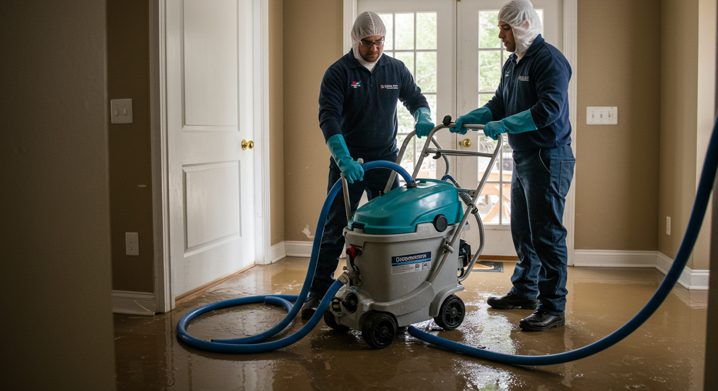 Two professional restoration technicians using high-powered water extraction machines in a flooded home. The focus is on the equipment and their expertise.