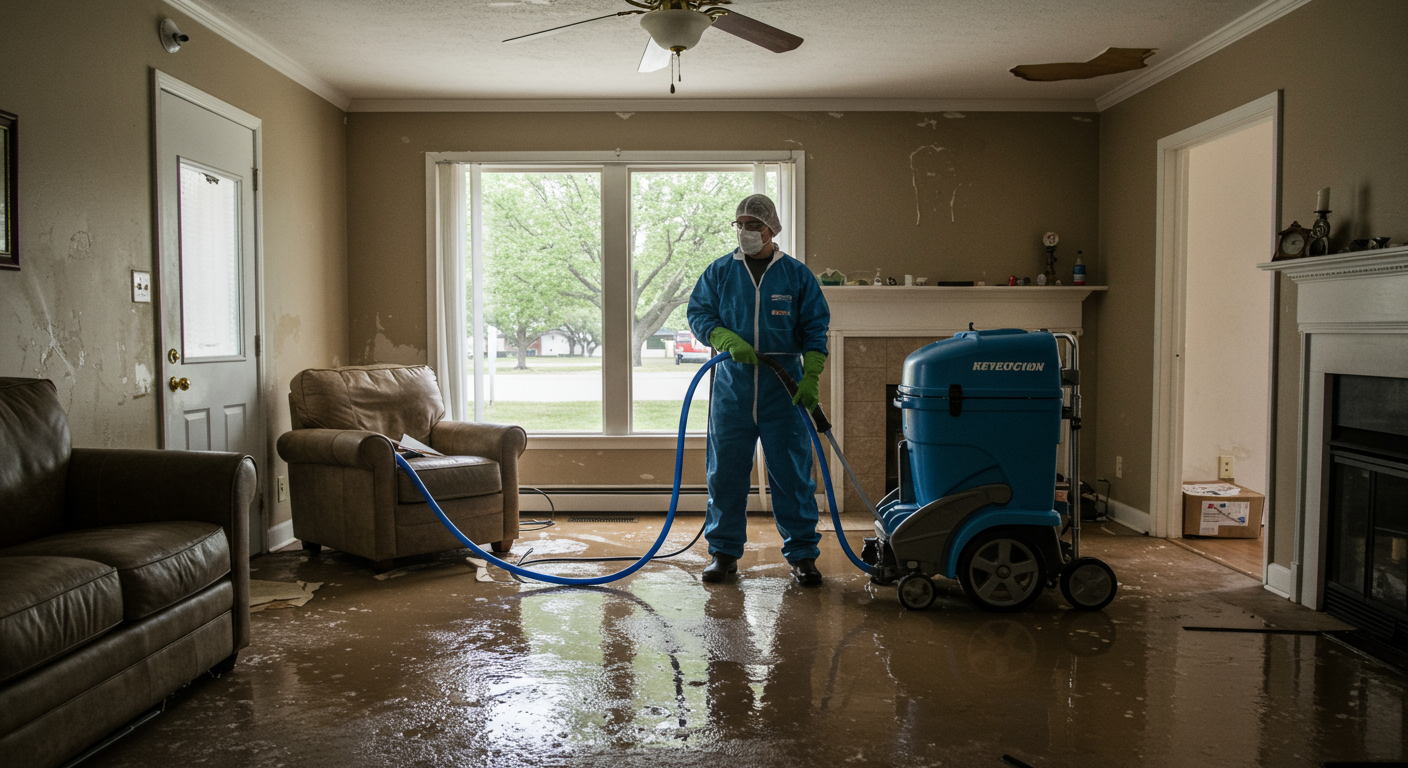 A professional restoration technician using advanced water extraction equipment to remove water from a flooded living room in Tulsa, OK. The room has visible water damage with furniture slightly elevated to prevent further damage.