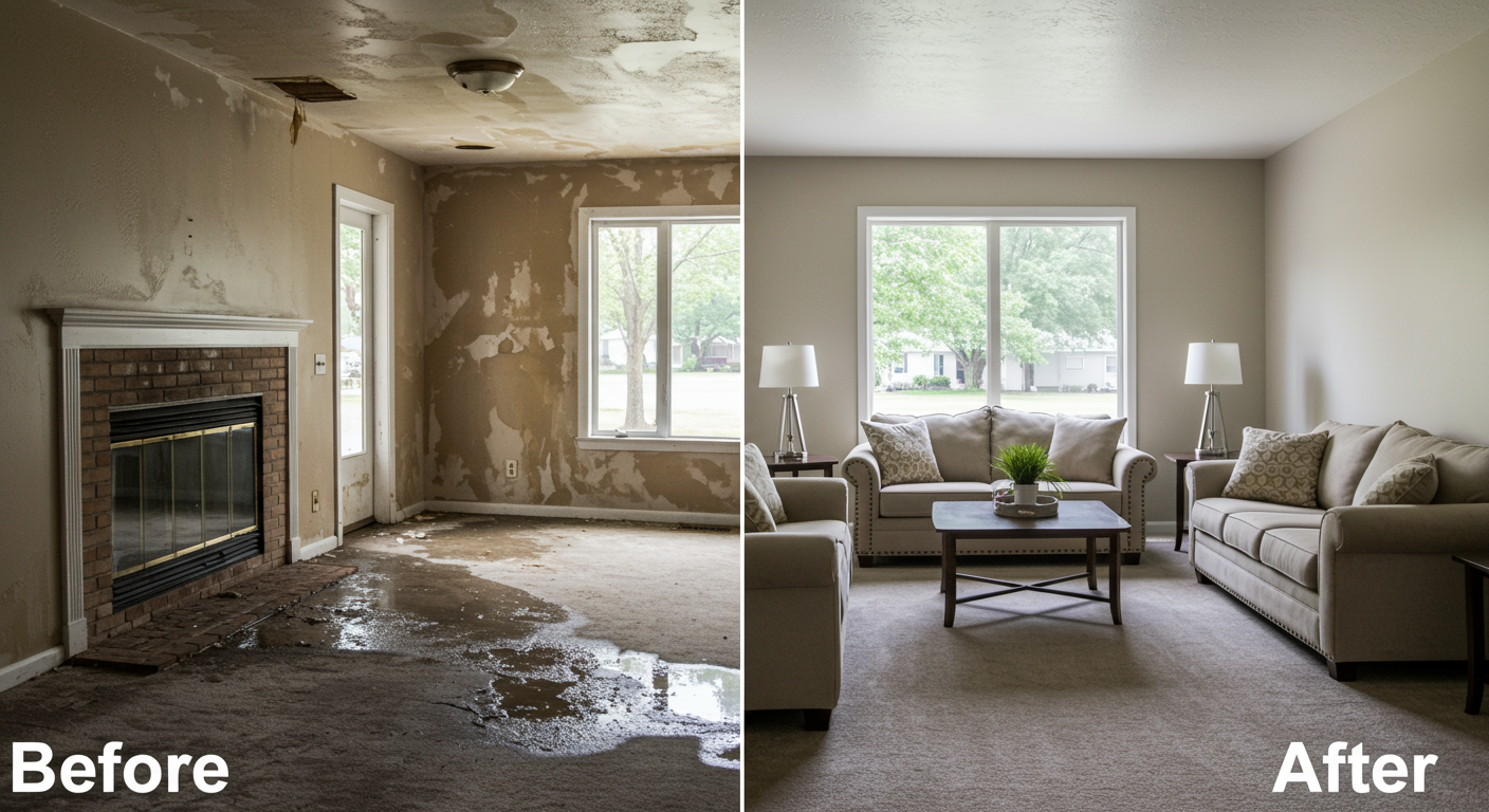 A before-and-after split image of a water-damaged living room in a typical Tulsa home. The 'before' side shows soaked carpets, water-stained walls, and furniture damage, while the 'after' side displays a fully restored, clean, and dry living space. The image highlights the transformation achieved through professional restoration services.
