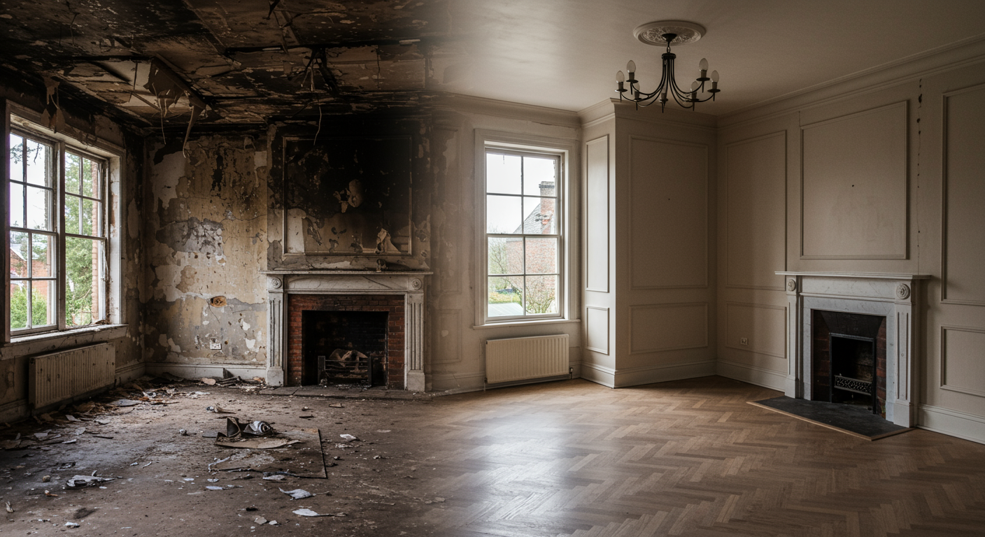 A split image showing a fire-damaged room on one side and the same room beautifully restored on the other, highlighting the transformation.