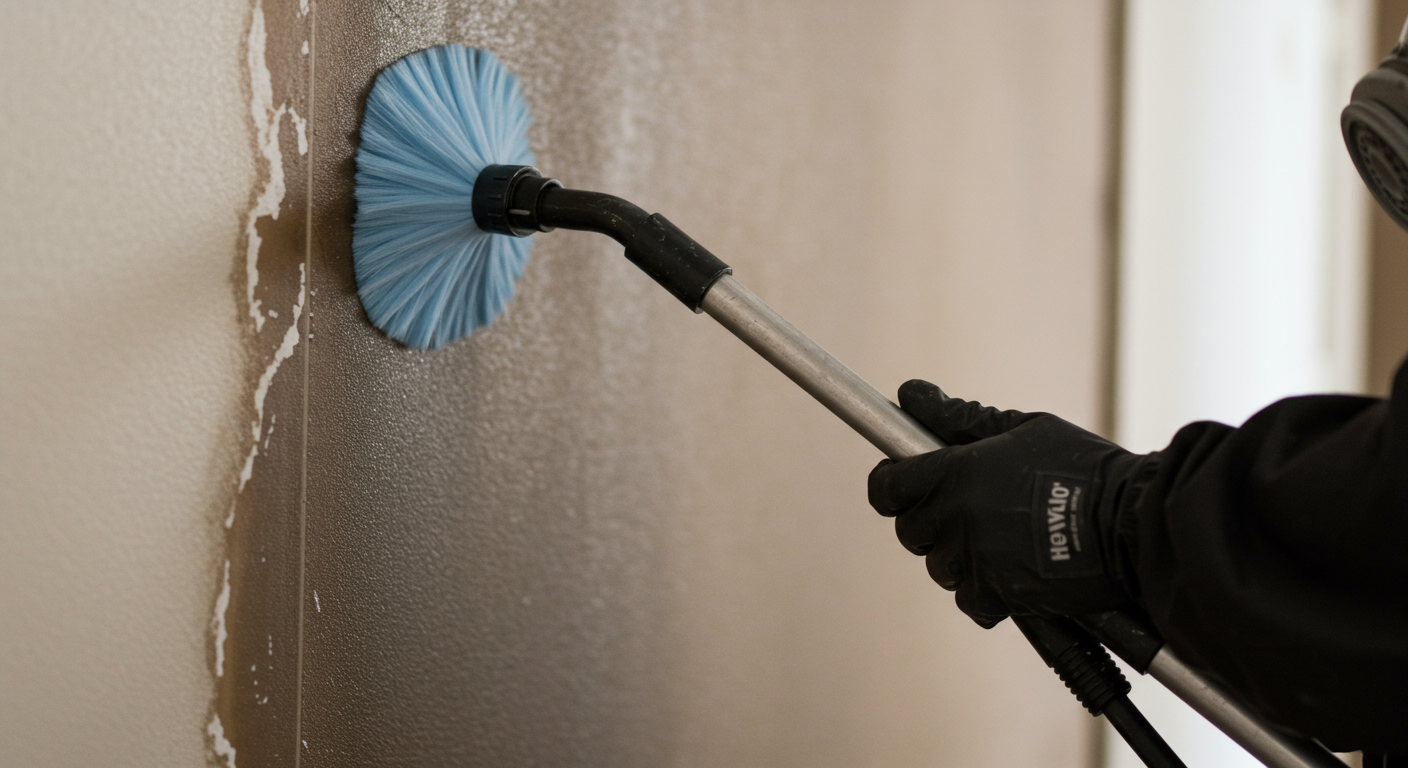 A close-up of a fire damage restoration contractor using specialized equipment to clean smoke damage from a wall, with focus on the tools and the contractor's expertise.