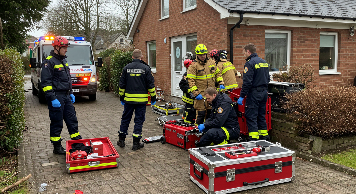 An emergency response team in action, setting up equipment outside a residential property affected by flooding. The team is working collaboratively, showcasing teamwork and urgency in their efforts.