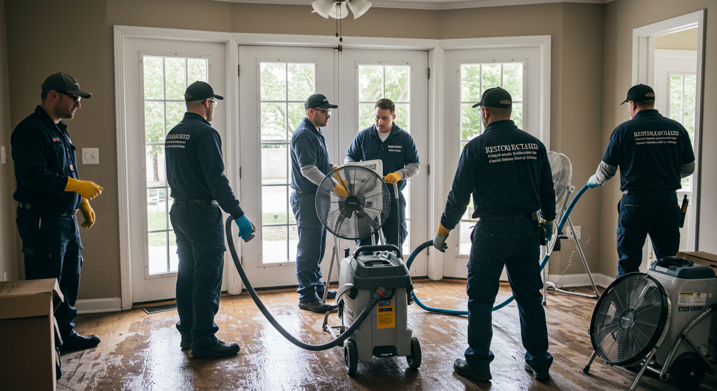 A team of restoration professionals in branded uniforms actively working on a water damage cleanup in a residential home. They are using specialized equipment, such as water extractors and fans, to dry out the affected area.