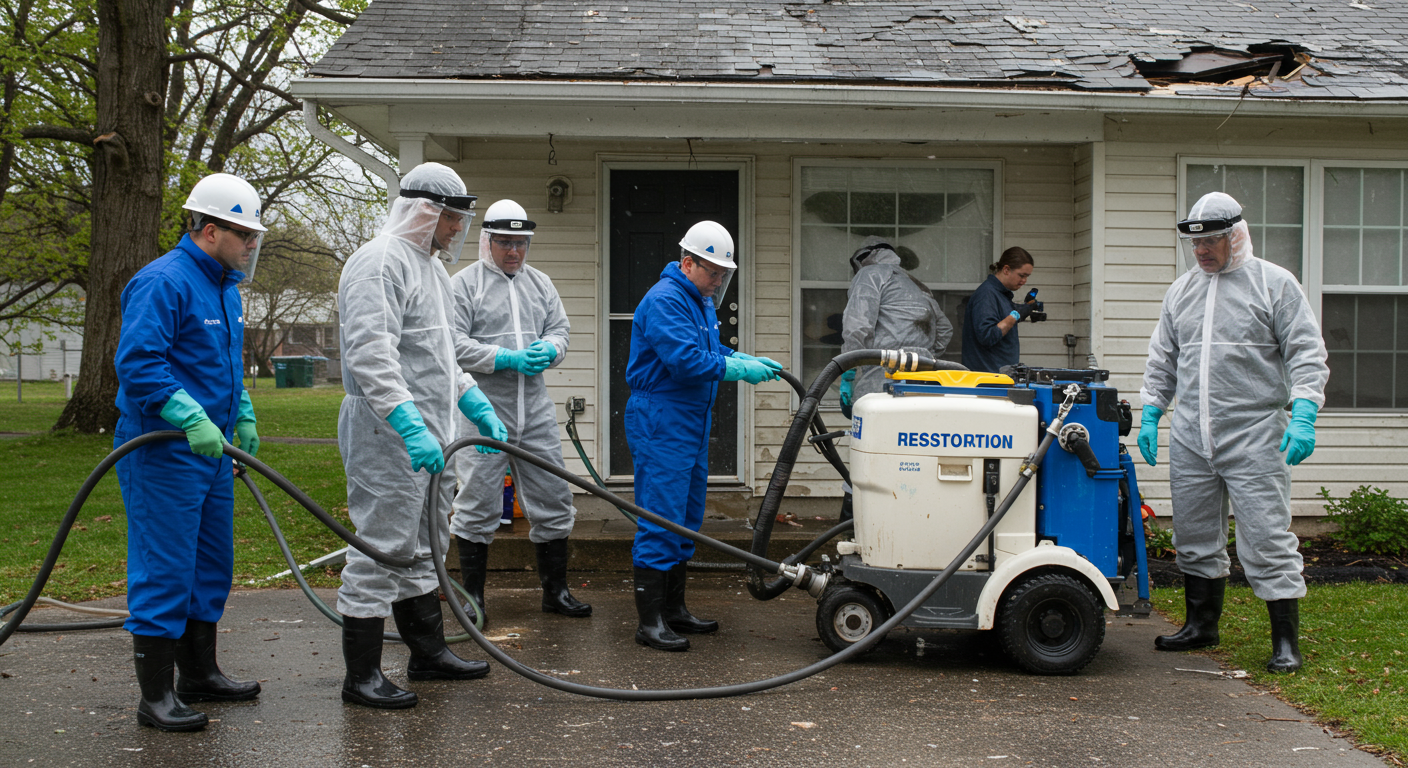 A team of restoration professionals in safety gear working diligently to mitigate water damage in a residential home.
