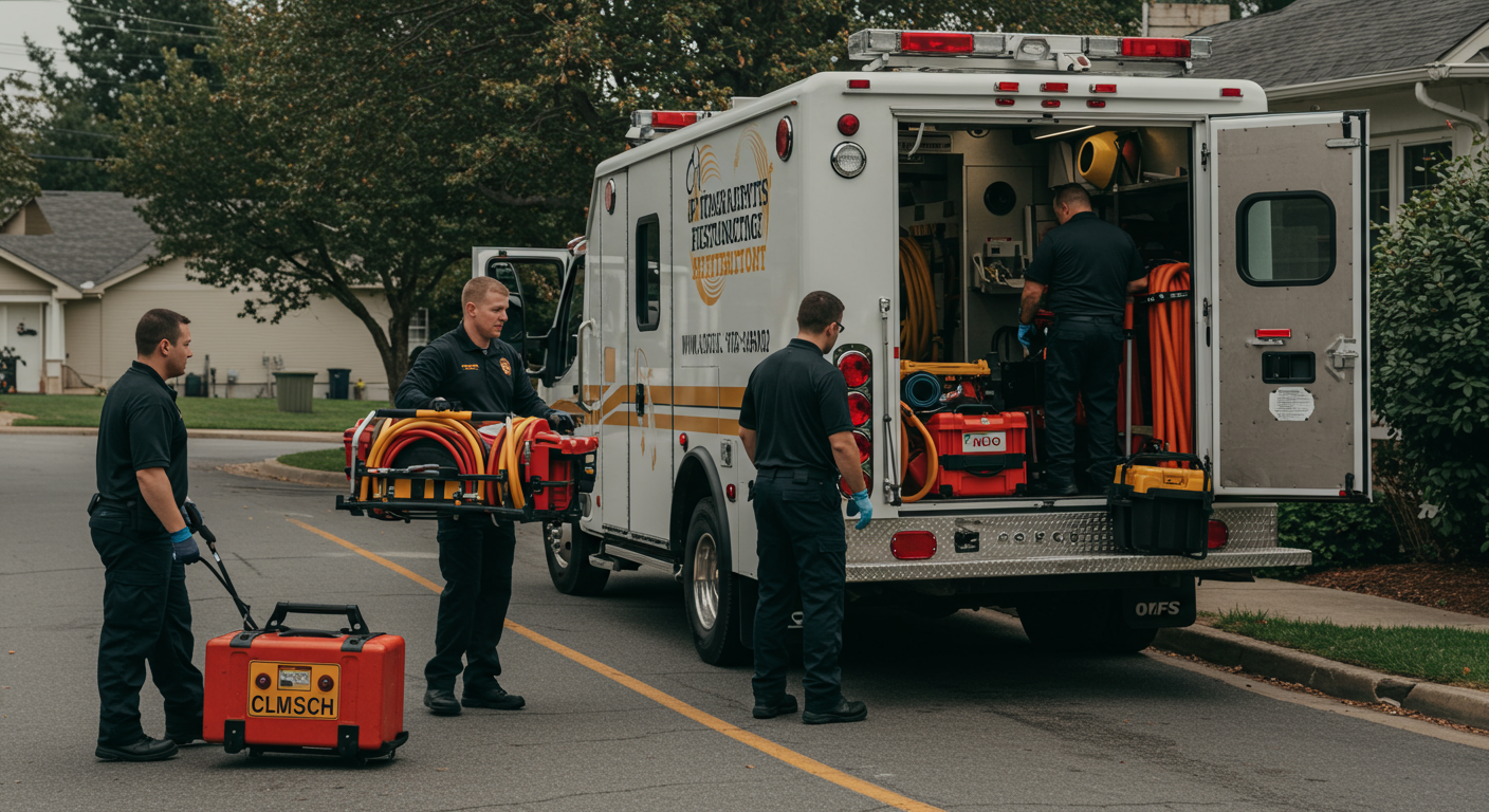 A restoration vehicle parked outside a home with technicians unloading equipment. The scene captures a sense of urgency and readiness, with the technicians in action, preparing to address an emergency situation.
