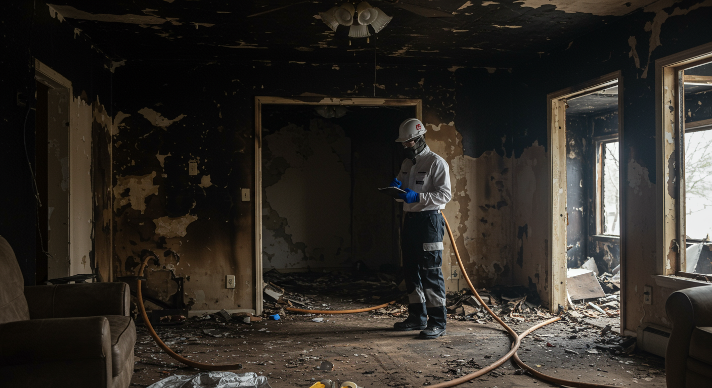 A professional restoration technician assessing fire damage in a residential living room, with charred walls and debris.
