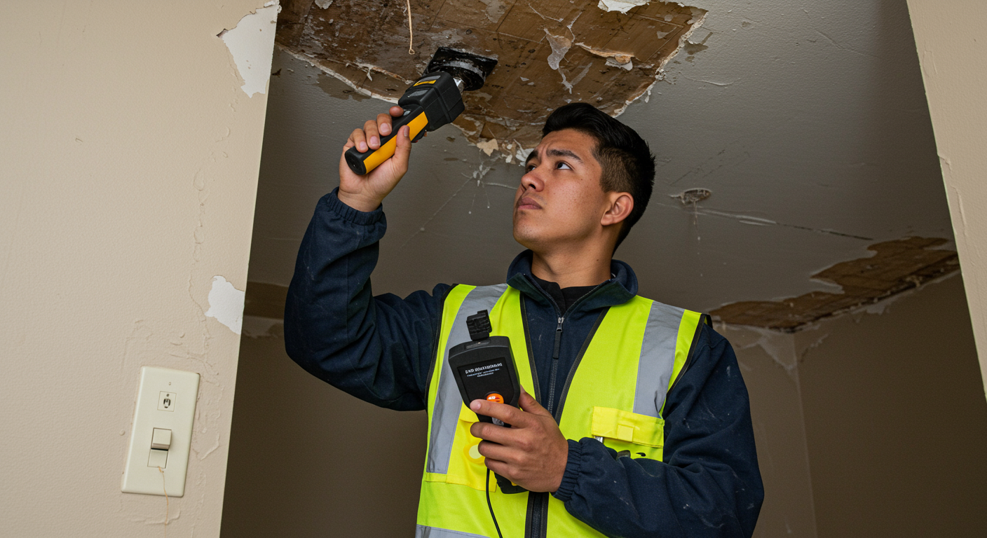 A technician inspecting a water-damaged area with moisture detection equipment, focused on identifying the extent of damage.