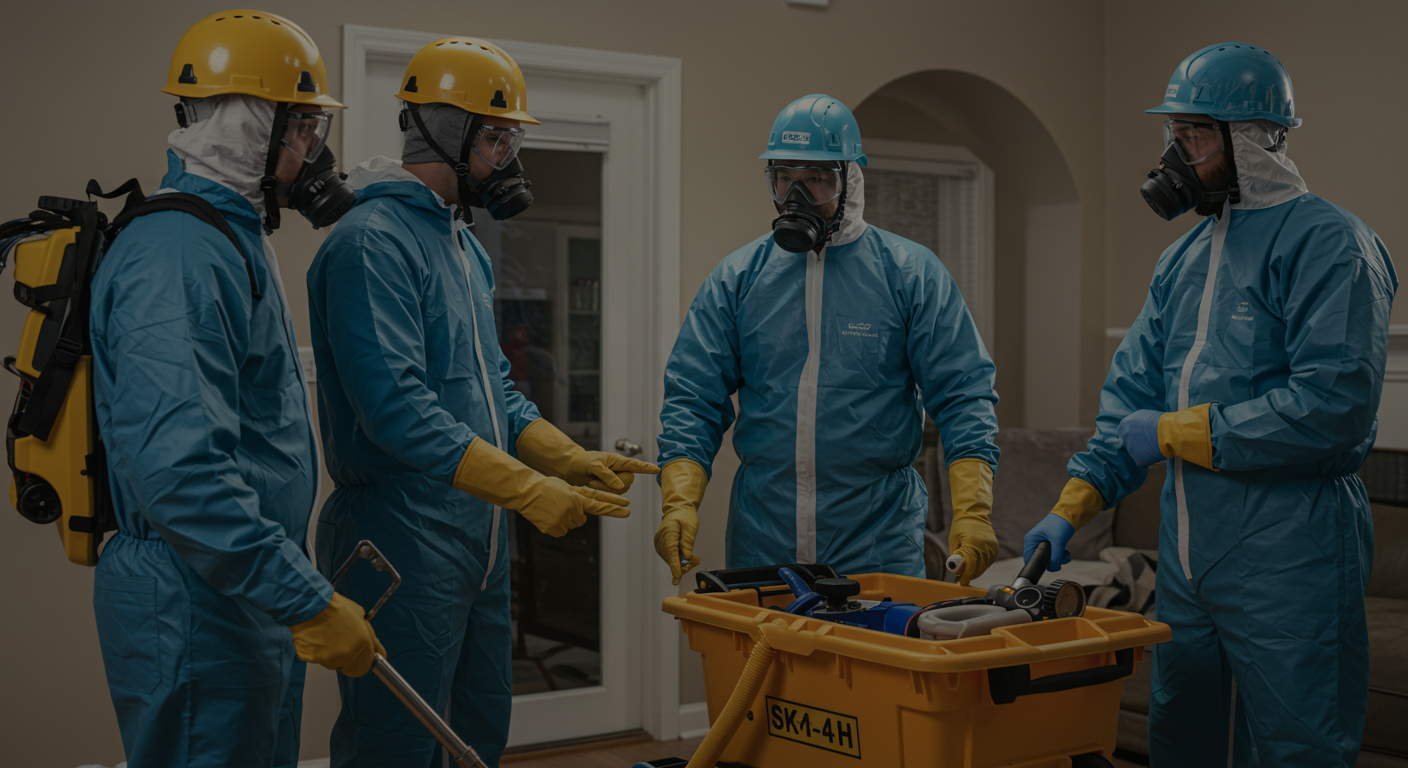 A team of sewage cleanup professionals working together in a home environment, coordinating their efforts with visible urgency. The scene captures teamwork and professionalism, with equipment and safety gear prominently displayed.