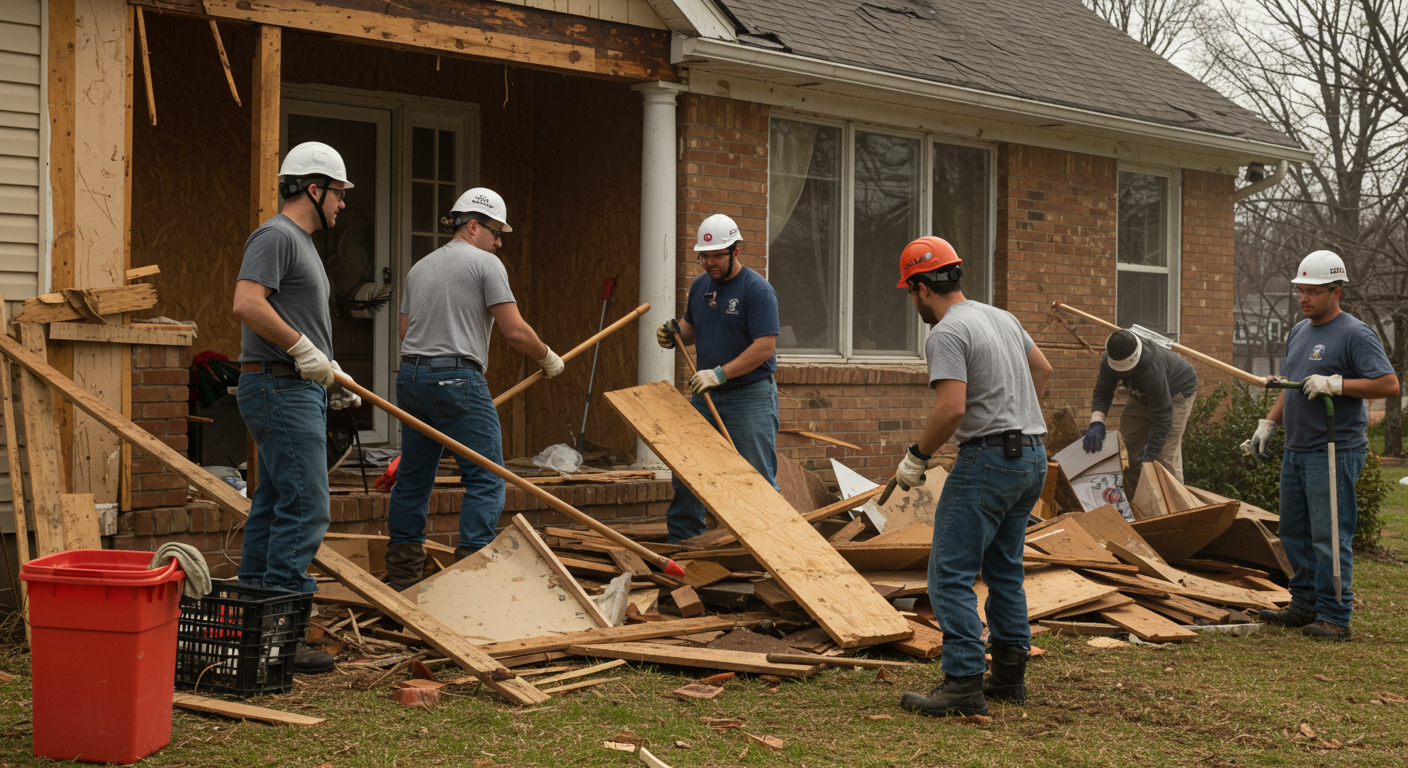 A team of disaster restoration professionals working together to remove debris from a storm-damaged property, showcasing teamwork and efficiency.
