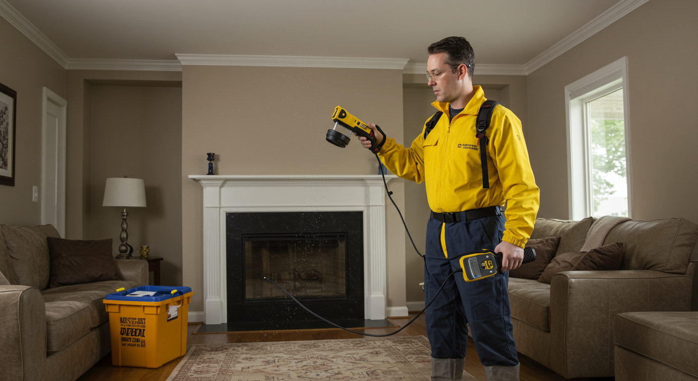 A restoration technician in action, using advanced moisture detection equipment in a flooded living room. The technician is focused and professional, showcasing the urgency of the situation.