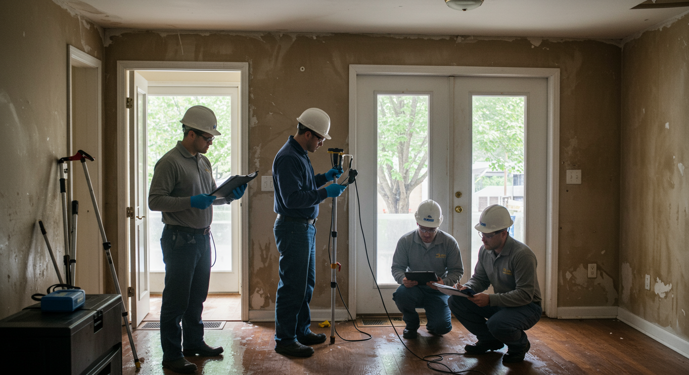 A team of professional restoration technicians assessing water damage in a residential home. They are using advanced equipment to measure moisture levels, with visible water stains on walls and floors.