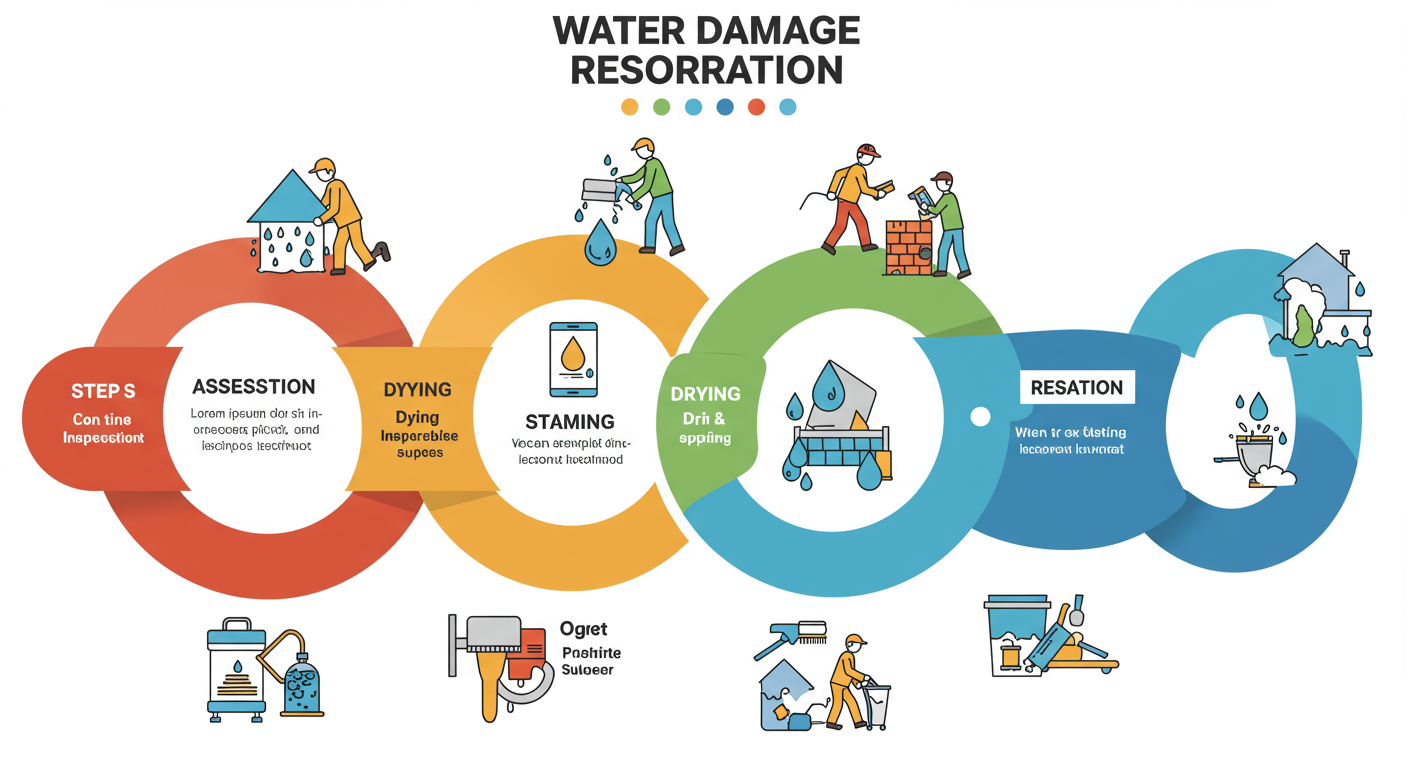 A visually engaging infographic illustrating the steps involved in the water damage restoration process, from assessment to completion.