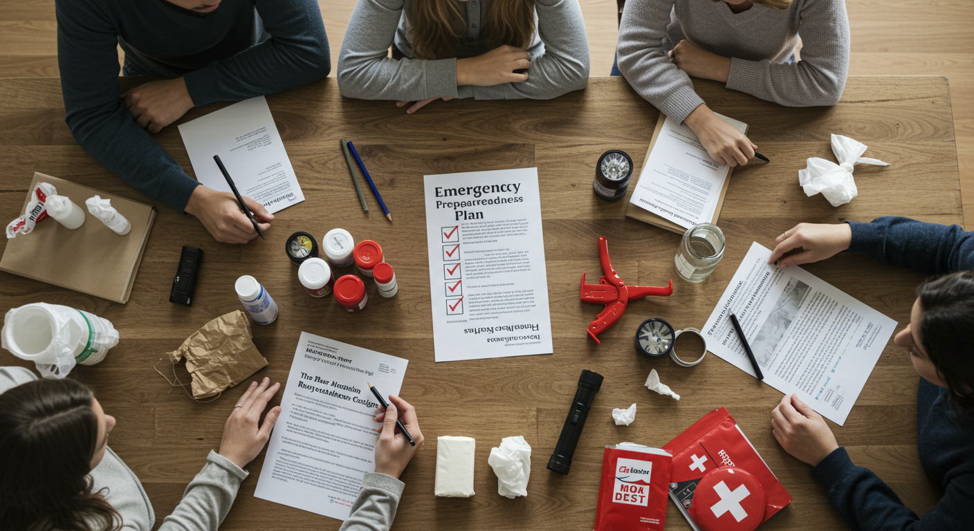 A family gathered around a table, creating an emergency preparedness plan with a checklist and supplies like flashlights and first-aid kits.