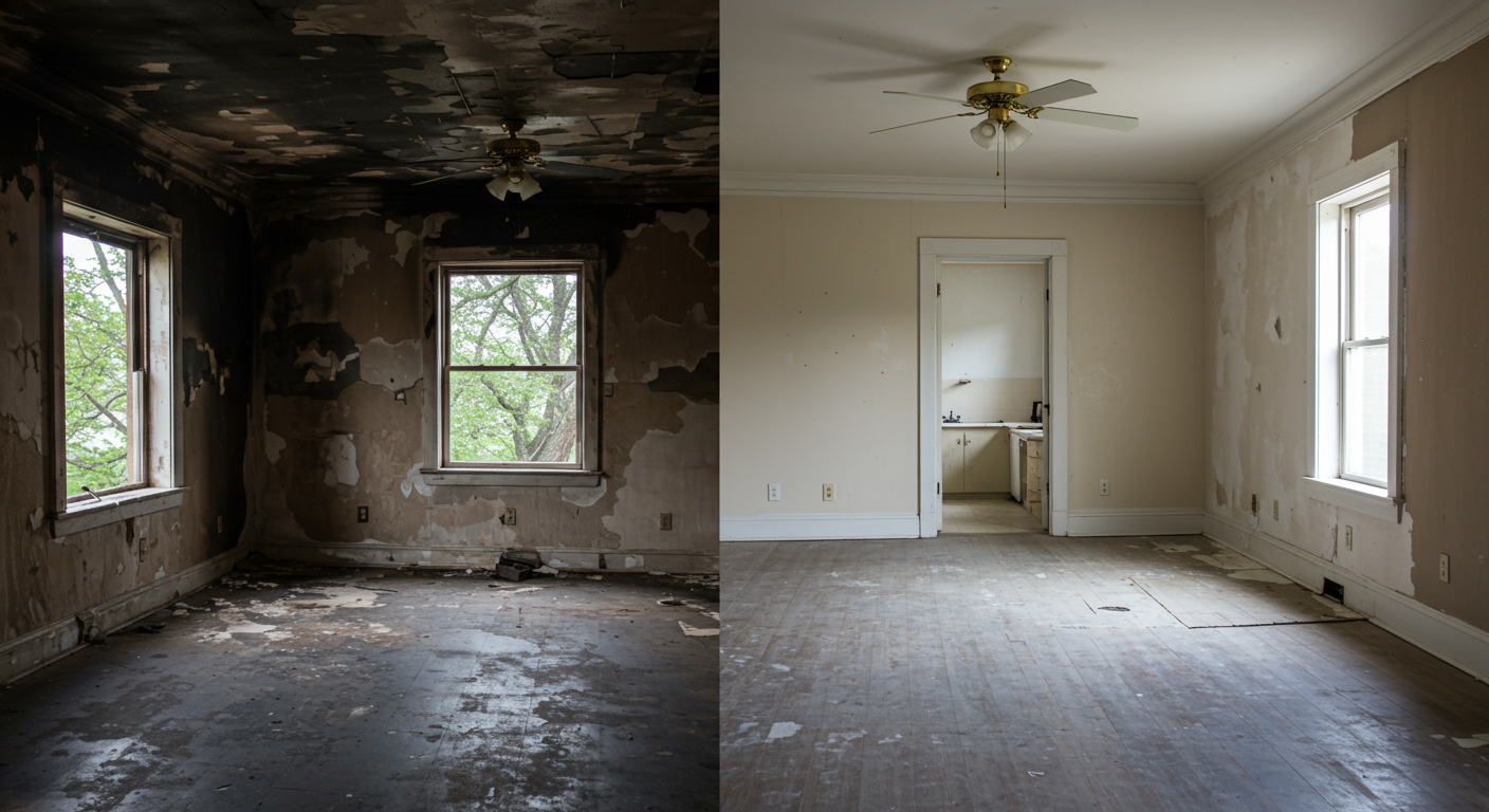 A split image showing a room before fire remediation (charred and damaged) and after restoration (clean and restored). This visual contrast highlights the effectiveness of professional services.