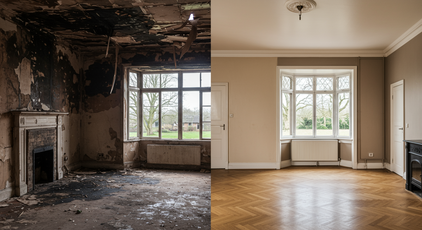 Before and after restoration of a fire-damaged room in Tulsa, OK.