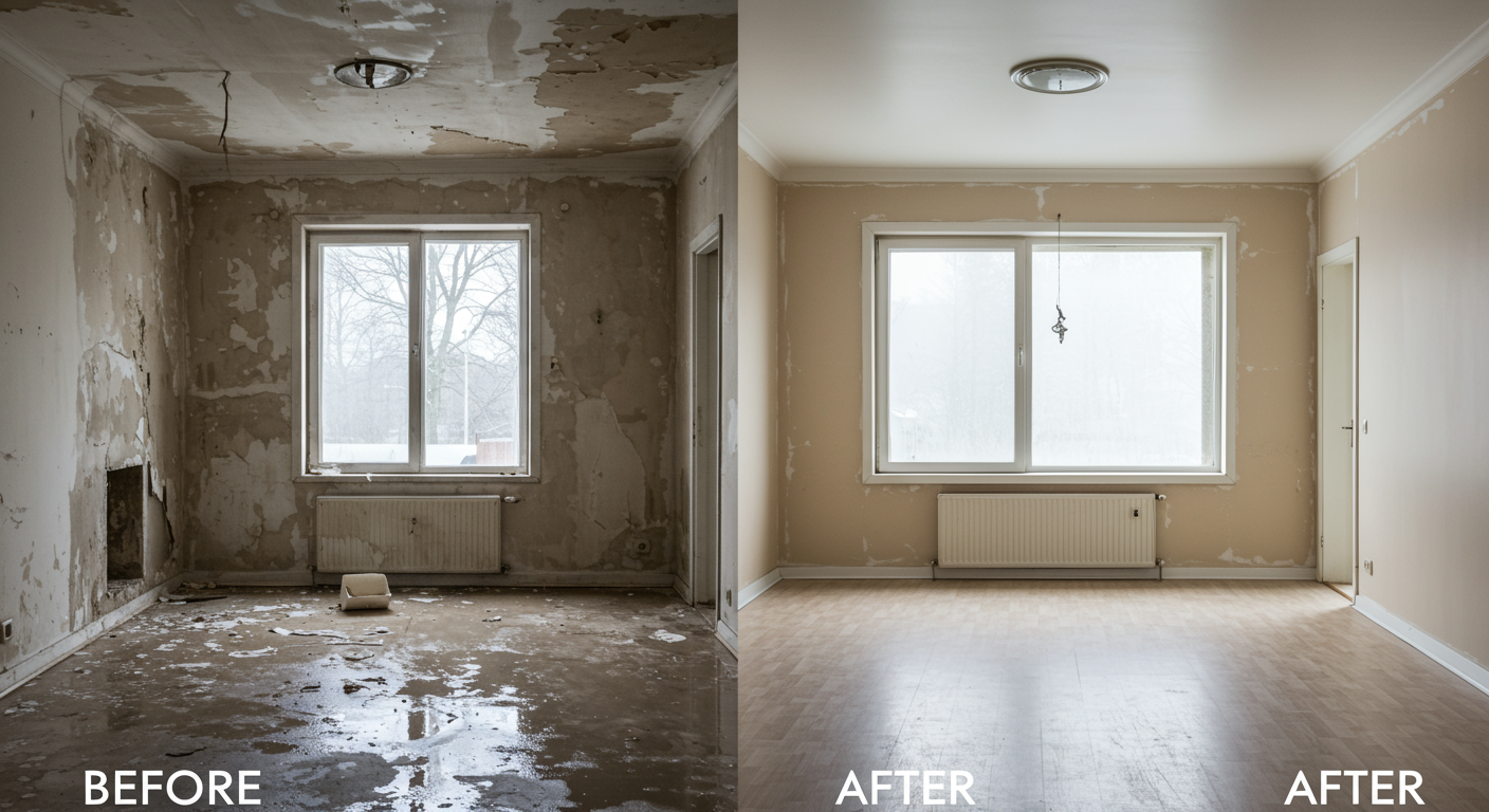 A split image showing a room before and after water damage restoration, highlighting the transformation and effectiveness of the cleanup services.