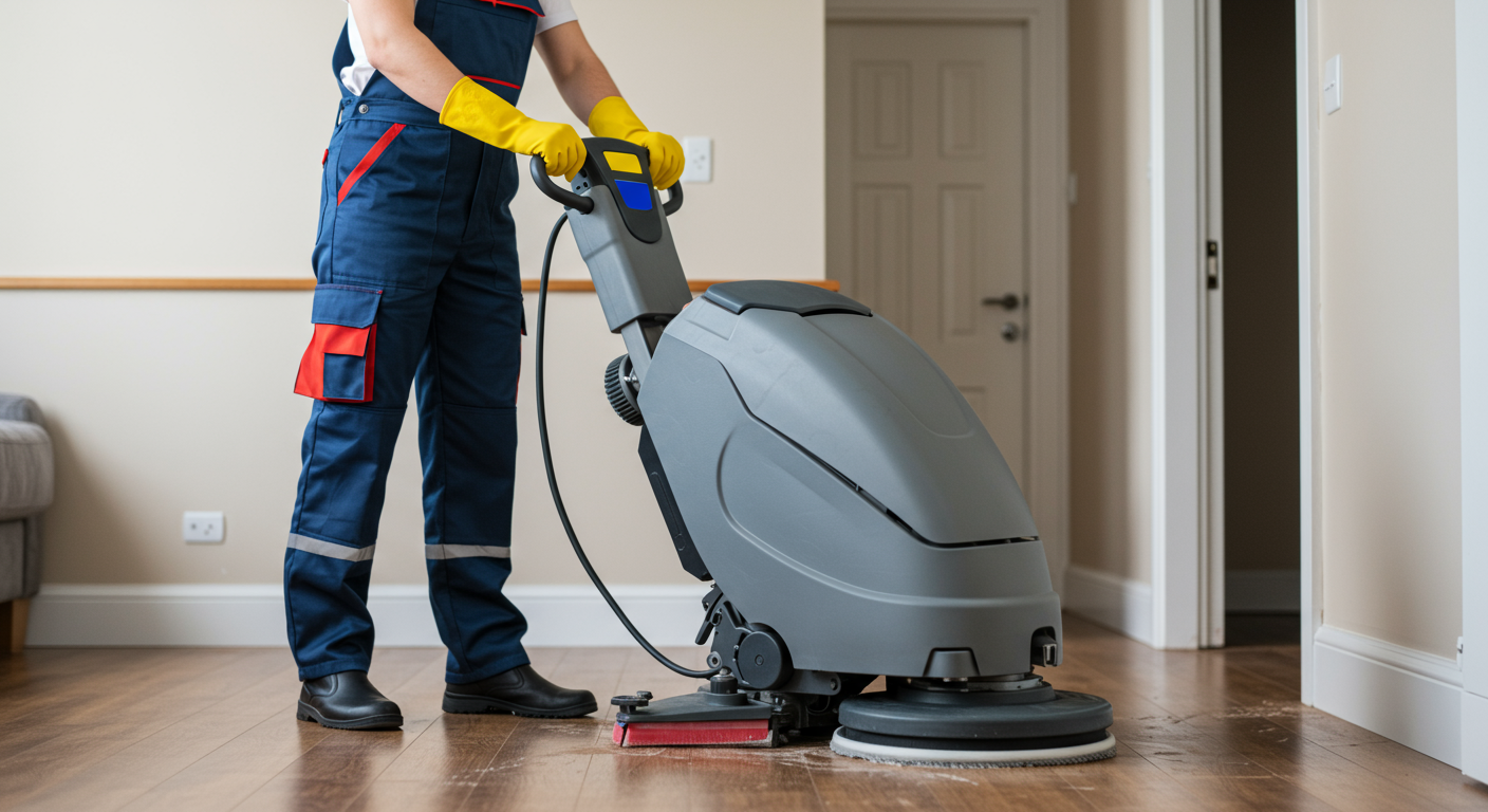 A professional cleaner actively using a high-quality floor scrubber in a residential space. The image captures the cleaner's focused expression and the effectiveness of the cleaning process.