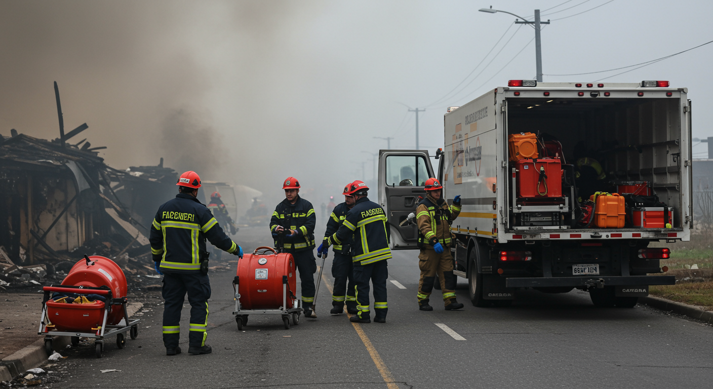 An emergency response team arriving at a fire-damaged site, unloading equipment from a truck, with smoke still visible in the background.
