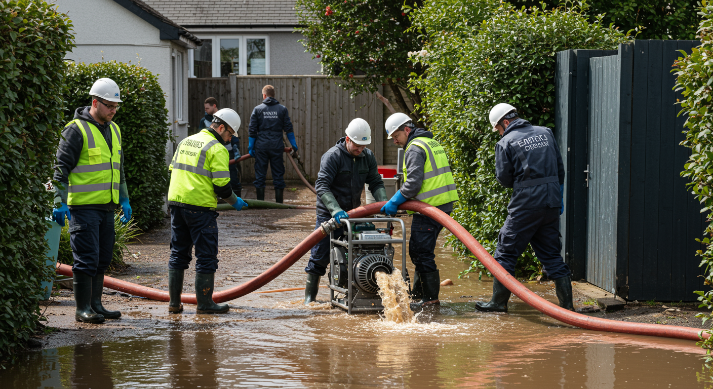 A team of professionals in protective gear actively working to extract water from a flooded residential area. They are using industrial pumps and hoses, showcasing urgency and expertise.