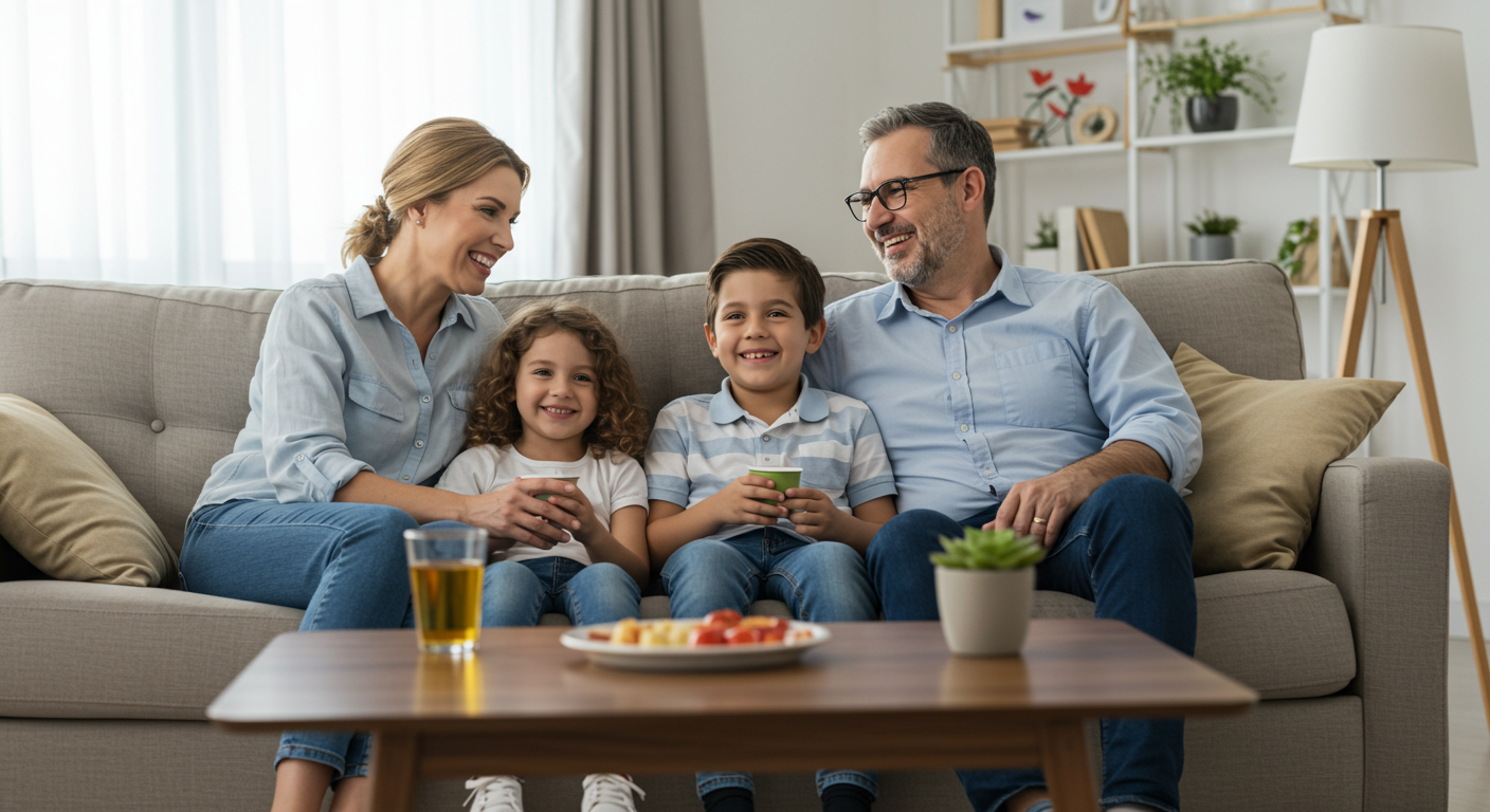 A comforting scene of a family sitting together in a restored living room, smiling and relaxed, symbolizing the peace of mind that comes with professional restoration services.