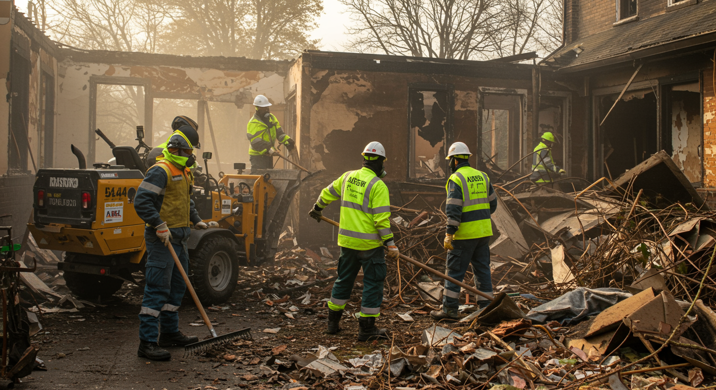 A restoration crew actively cleaning up debris from a fire scene, using specialized equipment and tools, emphasizing their professionalism and dedication.