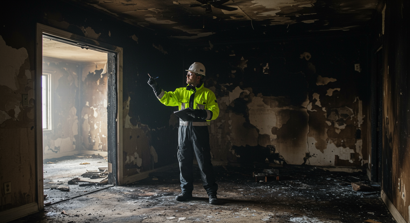 A professional restoration technician inspecting a fire-damaged living room, with charred walls and smoke residue visible. The technician is wearing safety gear and taking notes, showcasing a thorough assessment process.