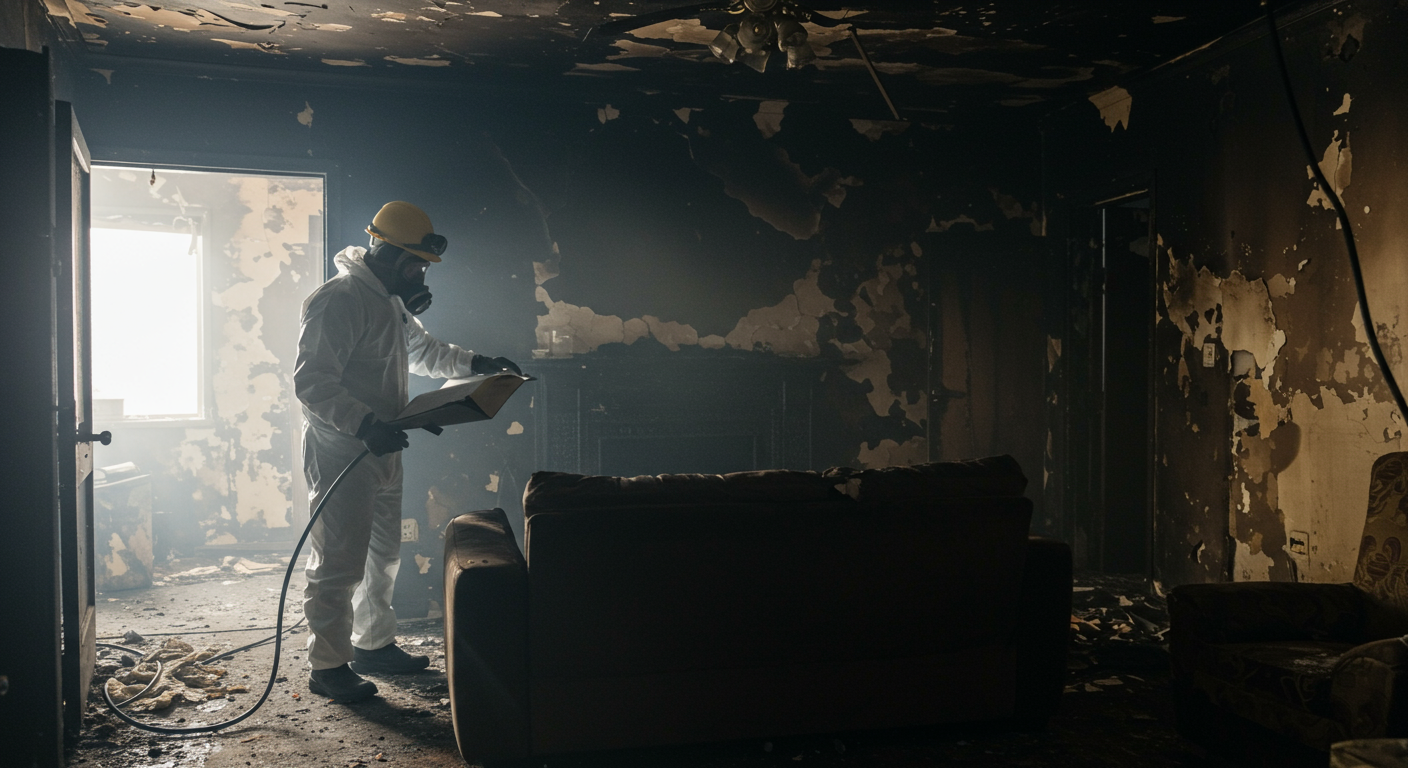 A professional fire damage restoration technician in protective gear inspecting a charred living room, with visible soot and smoke damage on the walls and furniture.