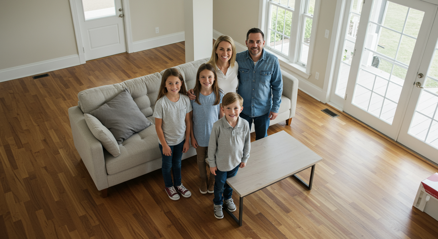 A happy family standing in their restored living room, smiling and relieved after the restoration process.