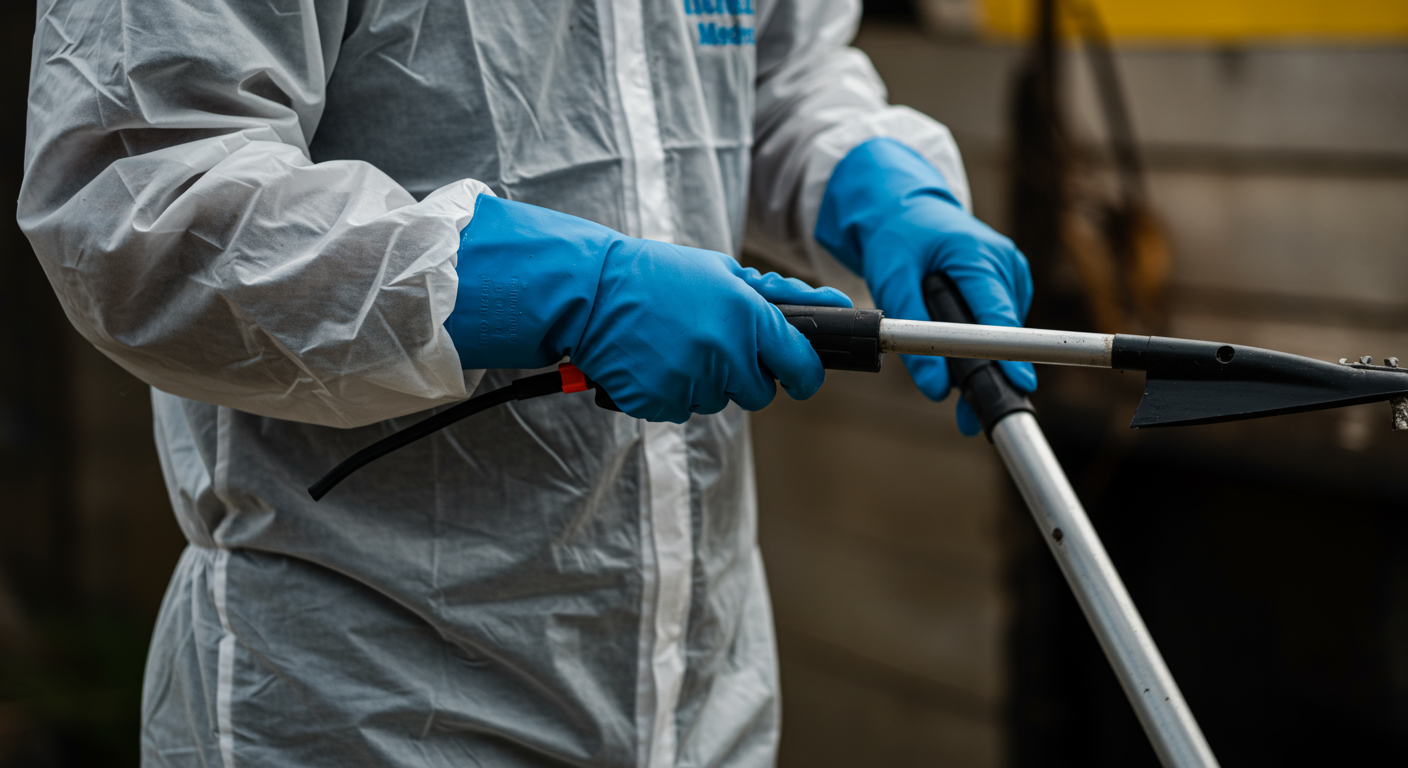 A close-up of a local cleanup expert in action, wearing protective gear and using professional tools to clean up a hazardous area. The focus is on the expertise and professionalism of the team.