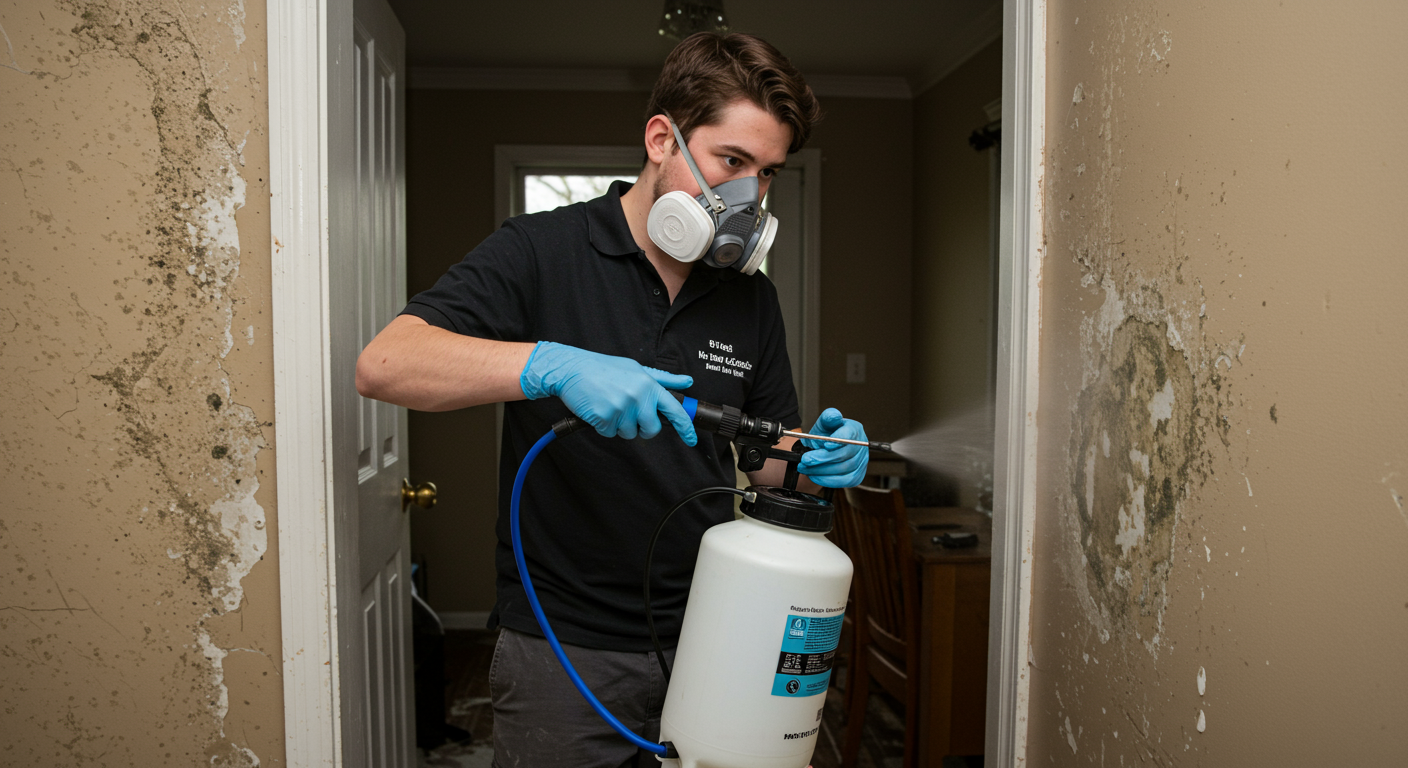 A technician applying mold remediation treatment in a flooded area, showcasing the meticulous process of restoring safety to a home.