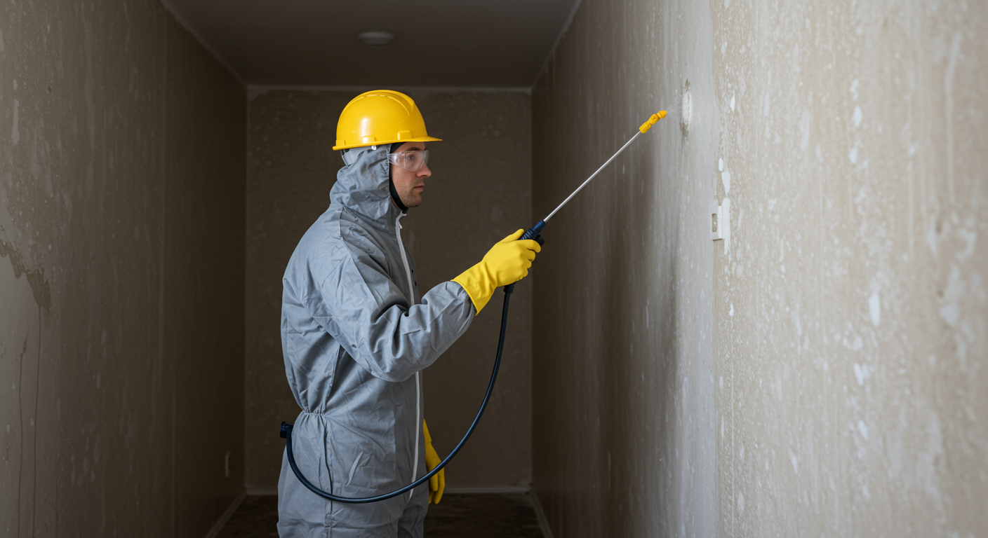 A technician applying mold prevention measures in a damp area, showcasing the importance of mold remediation in water damage repair.