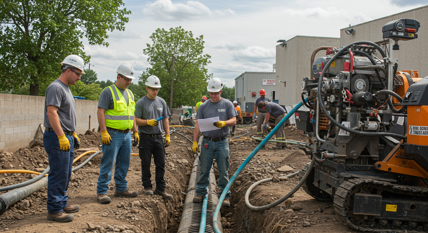 A team of plumbers collaborating on a sewer restoration project, with trenchless technology equipment in the foreground.