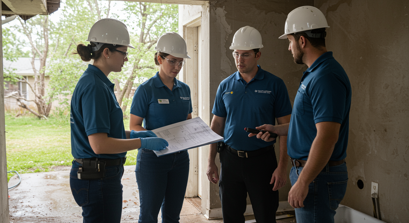 A team of water remediation professionals collaborating on-site, discussing the remediation plan in front of a water-damaged area. The image captures teamwork and expertise, highlighting the human aspect of the service.