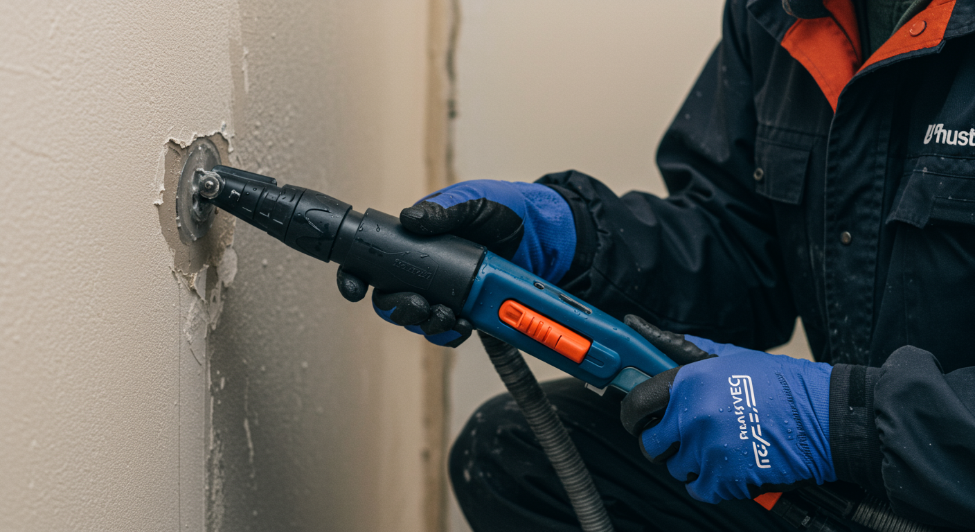 A close-up of a contractor using specialized equipment to dry out a water-damaged wall. The focus is on the tools and the contractor's expertise, conveying professionalism and attention to detail.