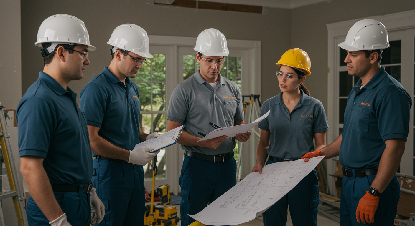A group of restoration professionals collaborating on a project, discussing plans and inspecting the area. The setting is a home undergoing restoration, with tools and equipment in the background, emphasizing teamwork and expertise.