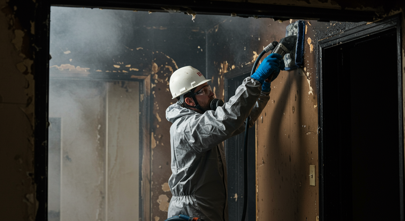 A professional restoration technician in protective gear is actively working on a fire-damaged home, using specialized equipment to remove smoke residue from walls.