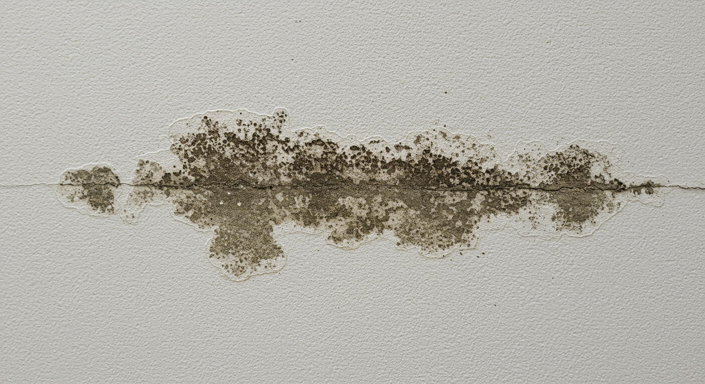 A close-up of a wall showing clear signs of mildew, with dark patches and discoloration. This image serves as an educational visual for readers to identify mildew in their own homes.