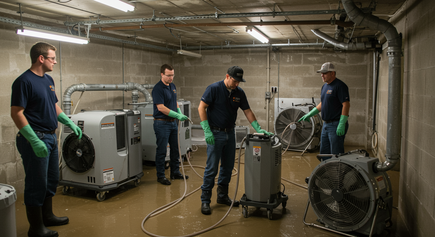 A team of restoration professionals working together to dry out a flooded basement using industrial fans and dehumidifiers. The image captures teamwork and the use of specialized equipment.