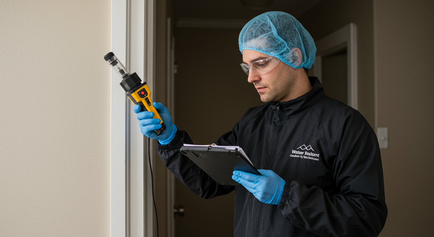 A water abatement technician inspecting a property with moisture detection equipment. The technician looks focused and professional, highlighting the assessment phase of the restoration process.