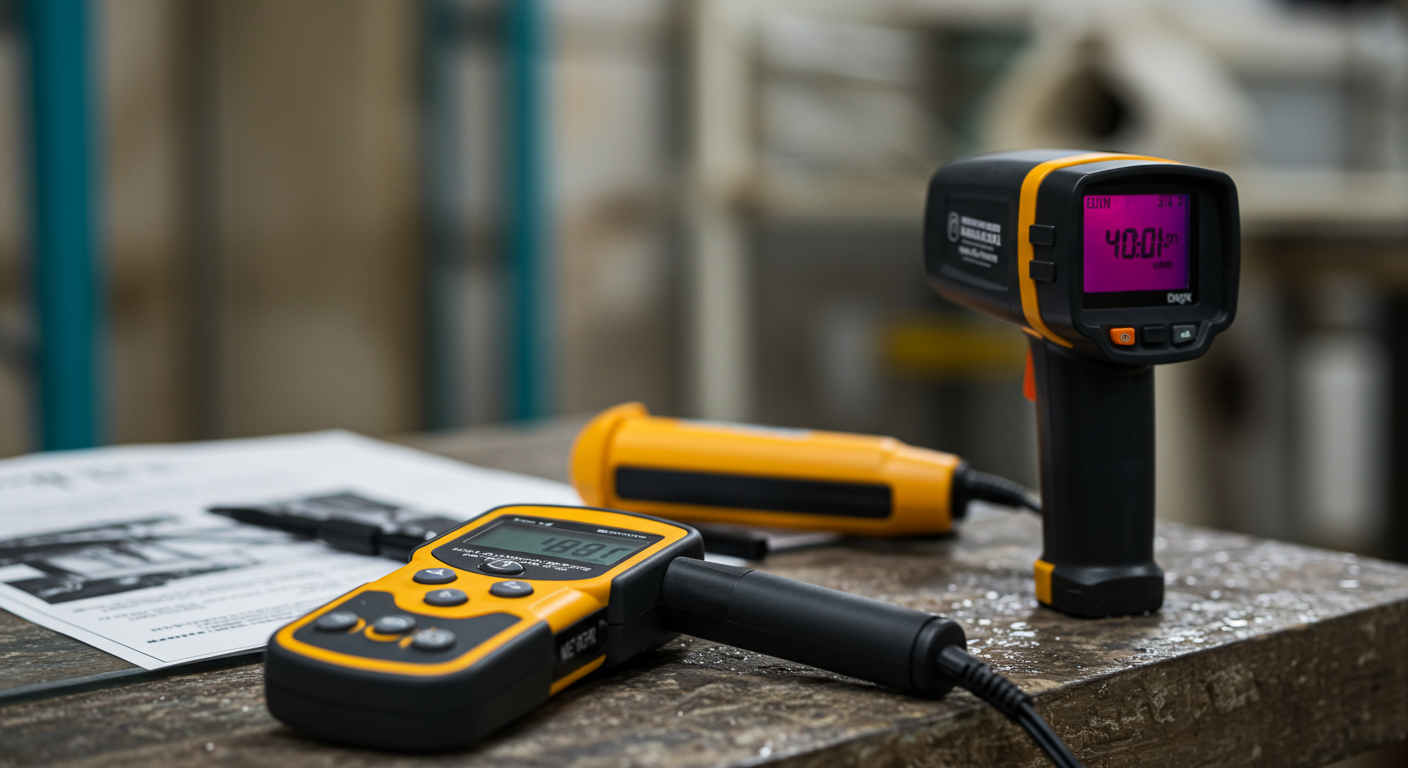 A close-up of essential tools used in water damage assessment, including a moisture meter and a thermal imaging camera, placed on a workbench.