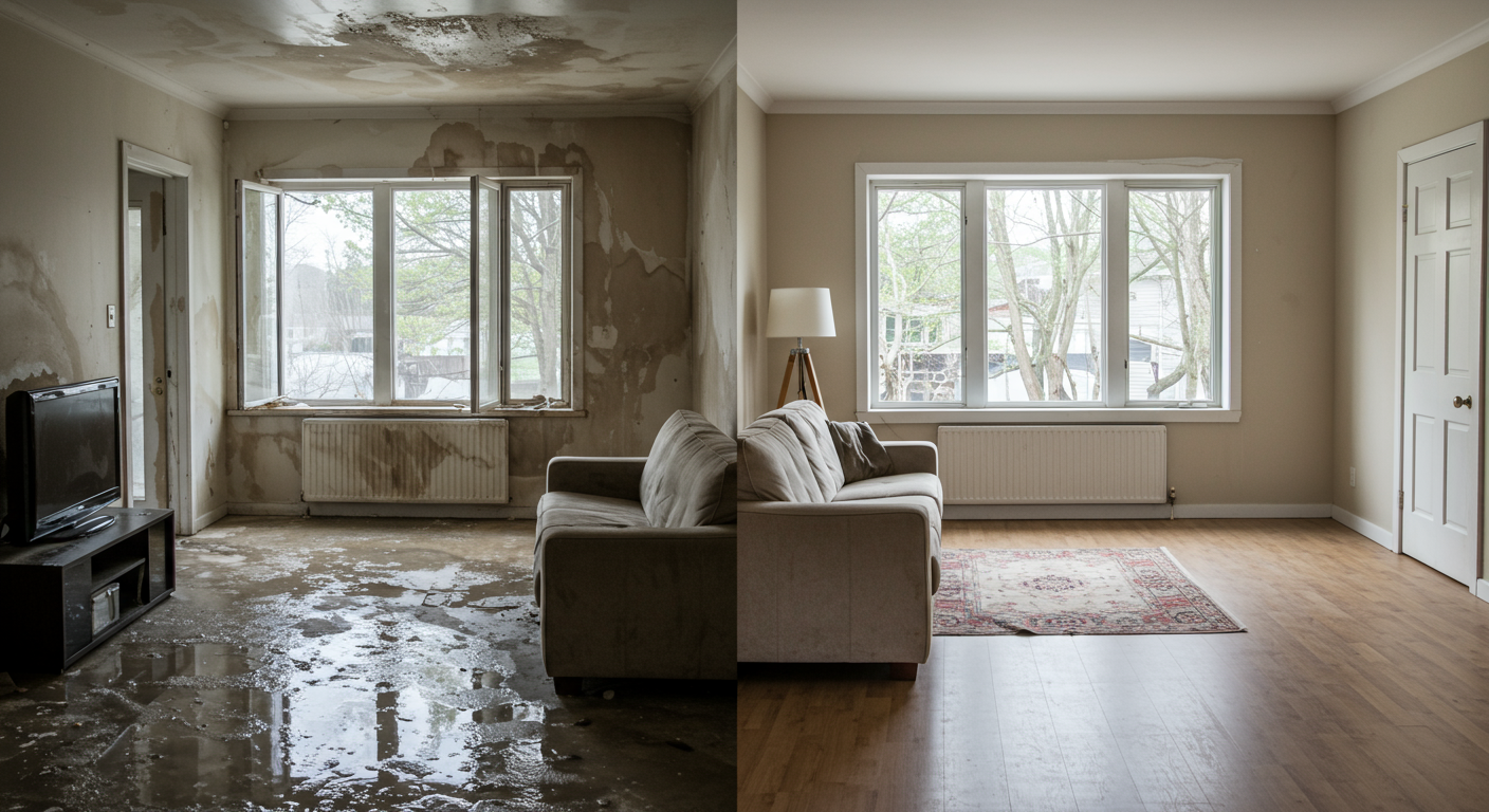 A before-and-after comparison of a water-damaged living room, highlighting the transformation after professional restoration. The left side shows water stains and damaged furniture, while the right side displays a restored, clean space.