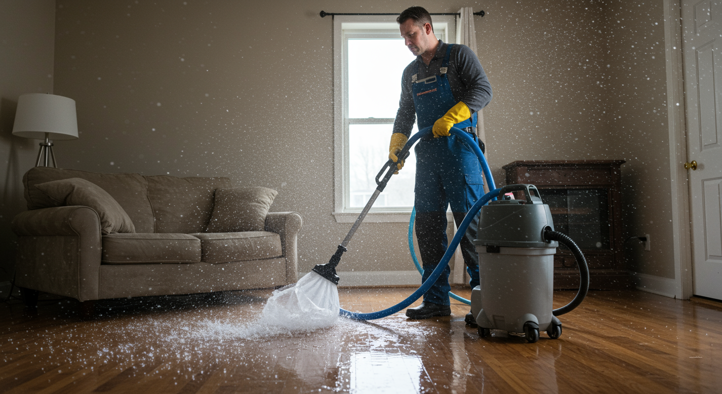 A professional water damage restoration technician in action, using a powerful water extraction machine in a flooded living room.