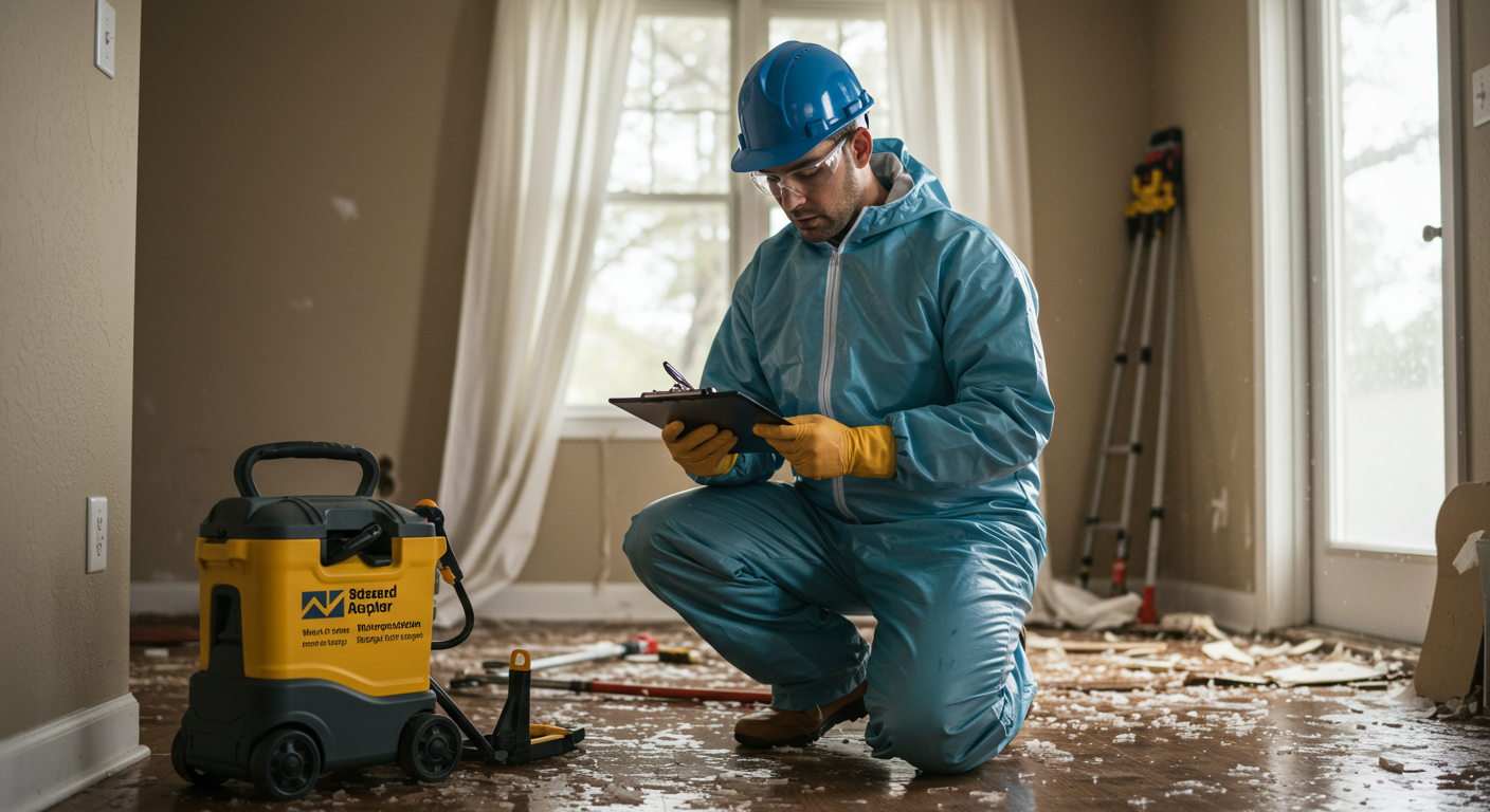 A professional restoration technician assessing water damage in a home, with tools and equipment visible. The background shows a partially flooded room, emphasizing the urgency of the situation.